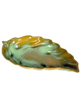 Frankoma Pottery 226 Leaf Dish Prairie Green 12” Tray Platter Vintage Brown  MCM